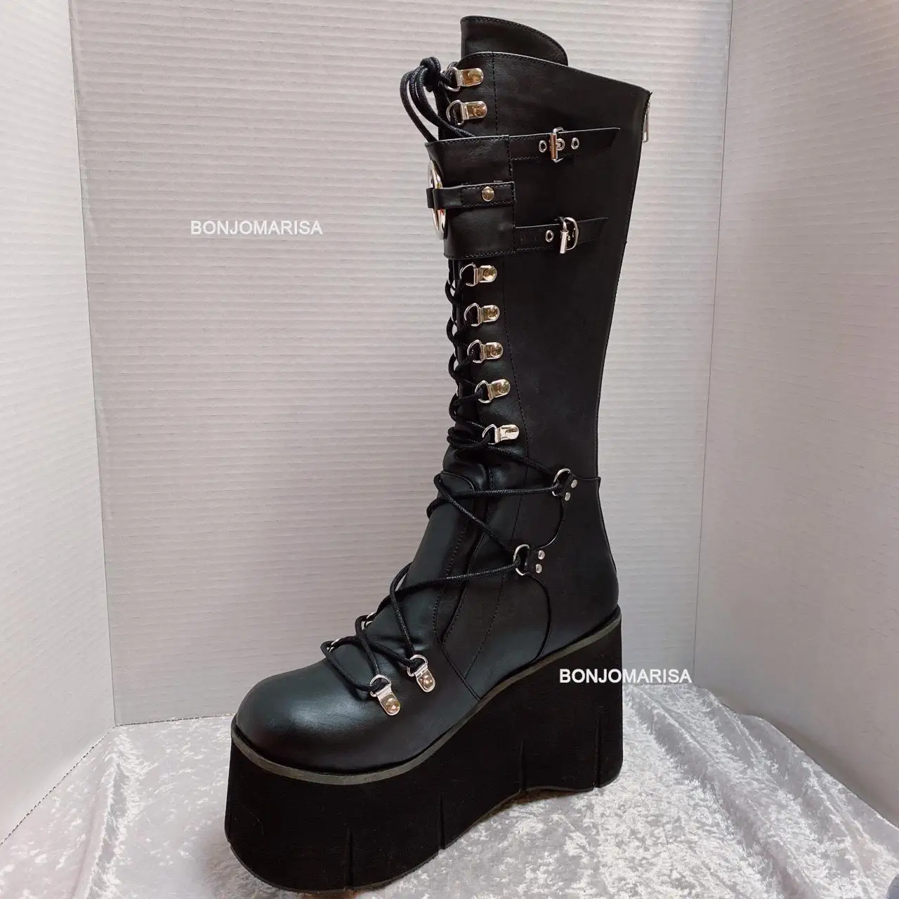 Top Trends: BONJOMARISA Platform Boots For Women Wedges Knee High Black Lace Up Fashion Goth Gothic Boots Punk Shoes Girls Winter 2022 Shoppable Styles - Image 5