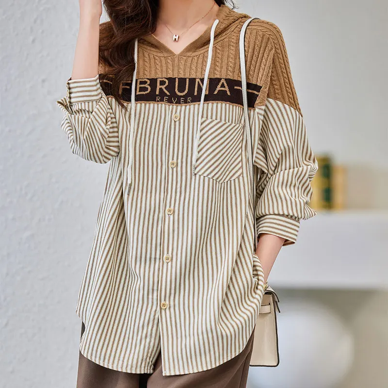 Top Trends: Korean Loose Hooded Striped Blouse Women's Clothing Letter Knitted Patchwork 2023 Spring Autumn Casual Drawstring Pockets Shirt Shoppable Styles - Image 3