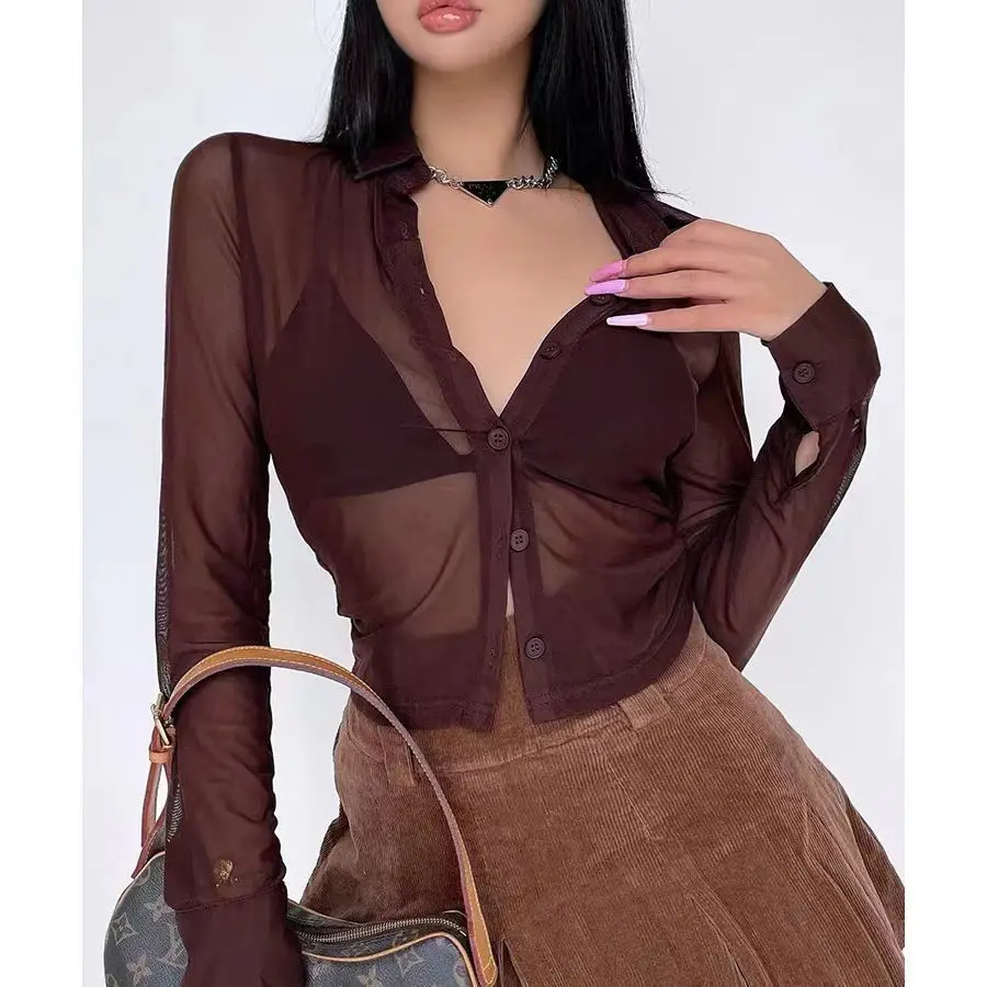 Top Trends: Female Sexy See-Through Long Sleeve Blouse Summer Autumn Ins Ladies Solid Color Turn-Down Collar Shirt Tops S-2XL Shoppable Styles