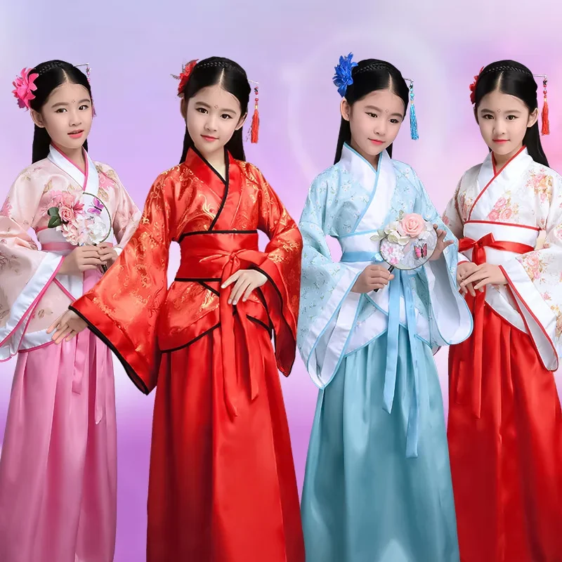 Top Trends: Chinese Silk Robe Costume Girls Children Kimono China Traditional Vintage Ethnic Fan Students Chorus Dance Costume Hanfu Shoppable Styles