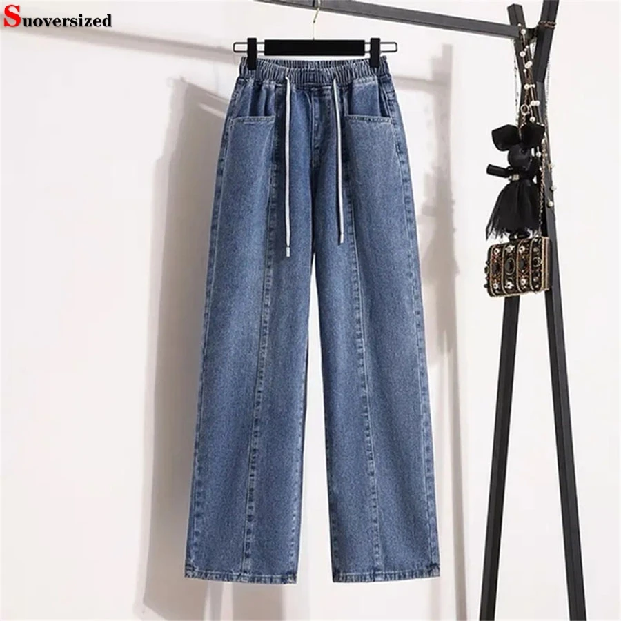 Top Trends: Oversize 4xl 90kg Blue Straight Leg Jeans Drawstring Baggy Pants Elastic High Waist Pantalones Women Vaqueros Korean Trousers Shoppable Styles