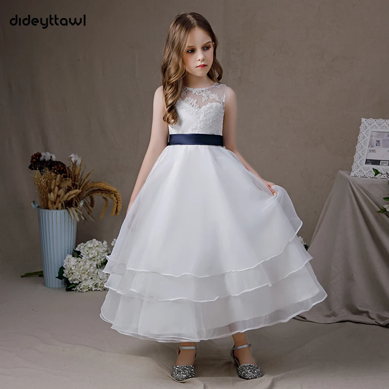 Top Trends: Dideyttawl Tiered First Communion Sleeveless Tea-Length Flower Girl Dress For Wedding Party Lace Junior Bridesmaid Gown Shoppable Styles