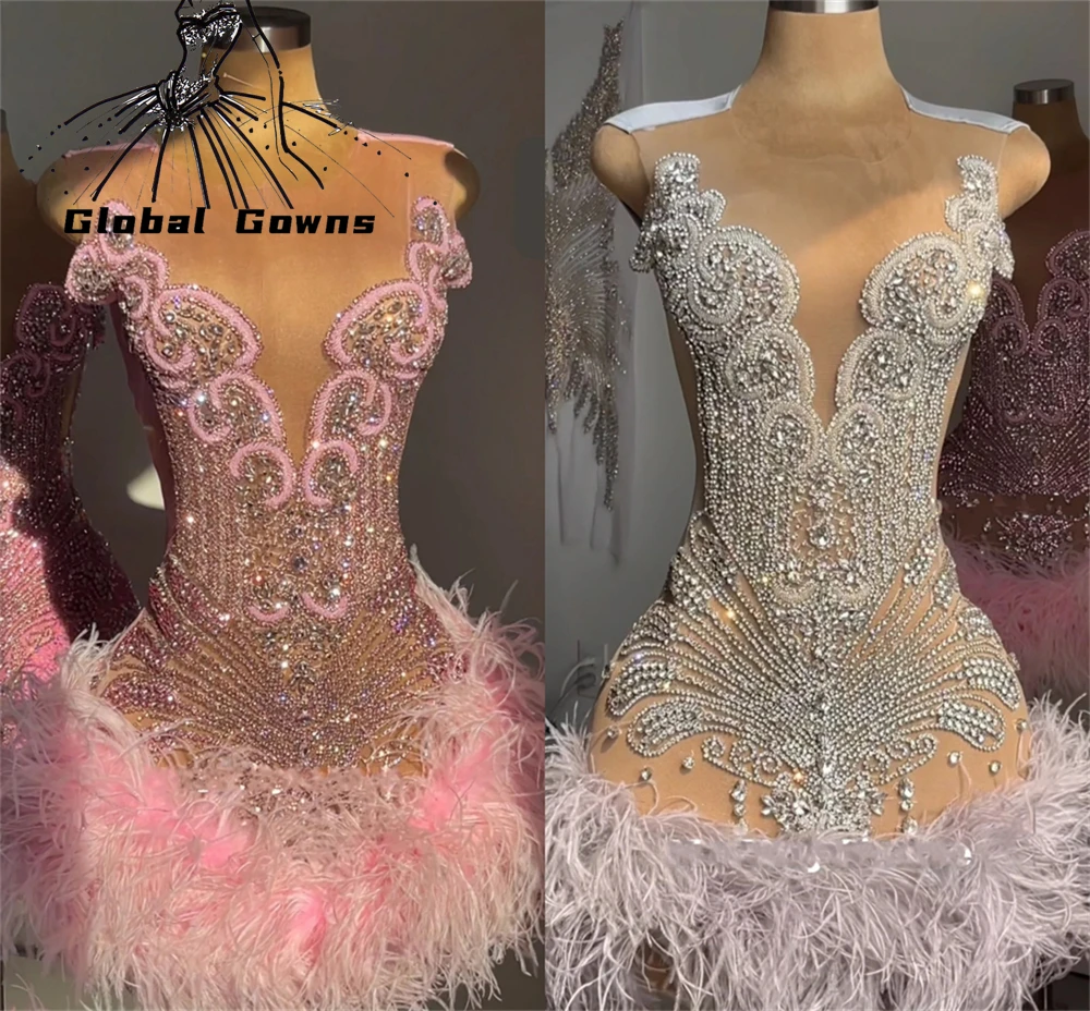 Top Trends: Pink Beaded O Neck Short Prom Dresses For Black Girls Crystal Feathers Birthday Dress Mini Cocktail Gowns Homecoming Robe De Bal Shoppable Styles