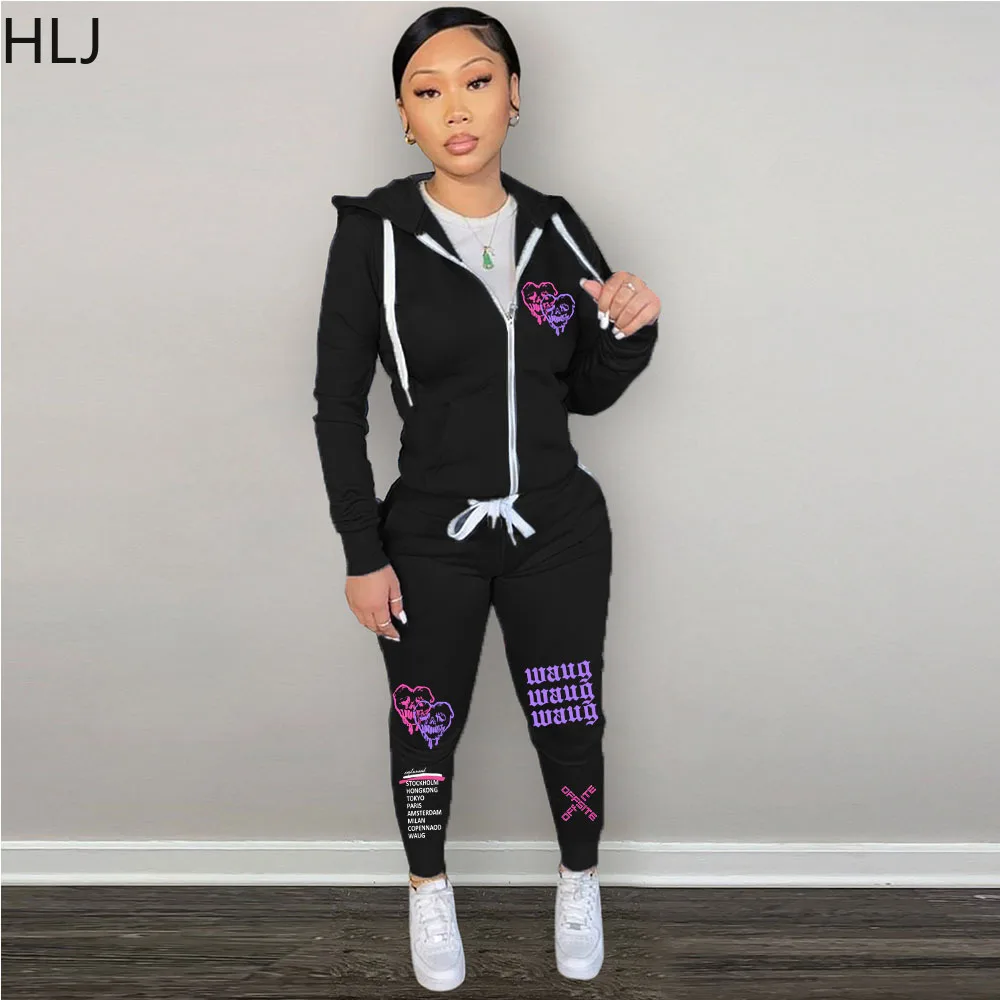 Top Trends: HLJ Autumn Winter Letter Printing Two Piece Sets Women Zip Long Sleeve Hooded Top And Jogger Pants Tracksuit Female 2pcs Outfits Shoppable Styles - Image 2