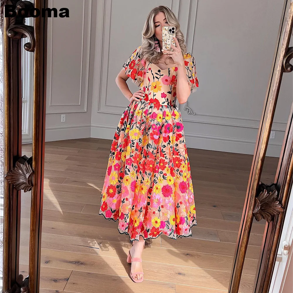 Top Trends: Booma Colorful Embroidery Lace A Line Prom Dresses Cap Sleeves Tea Length Flowers Party Prom Gowns Plus Size Robe Soireé Femme Shoppable Styles