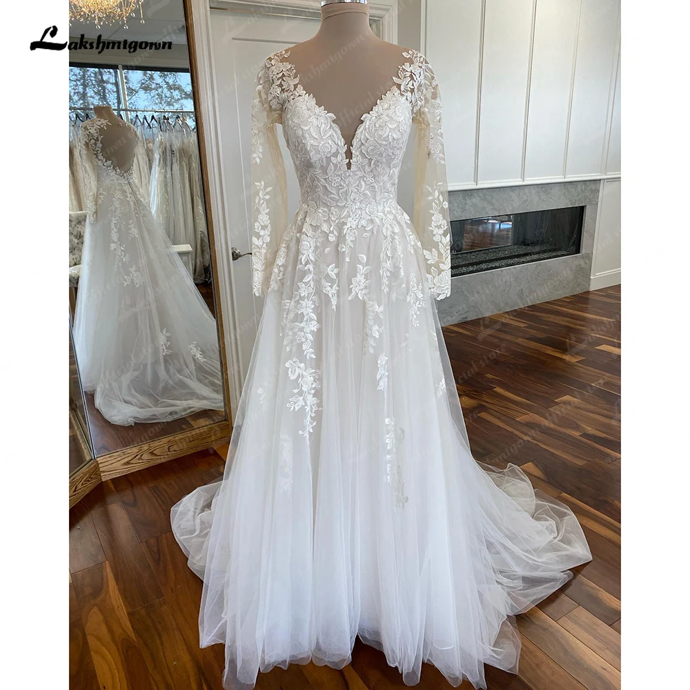 Top Trends: Lakshmigown A-Line V-Neck Long Sleeves Wedding Dress For Beach Bead Appliques Backless Sweep Train Party Dresses For Wedding Shoppable Styles