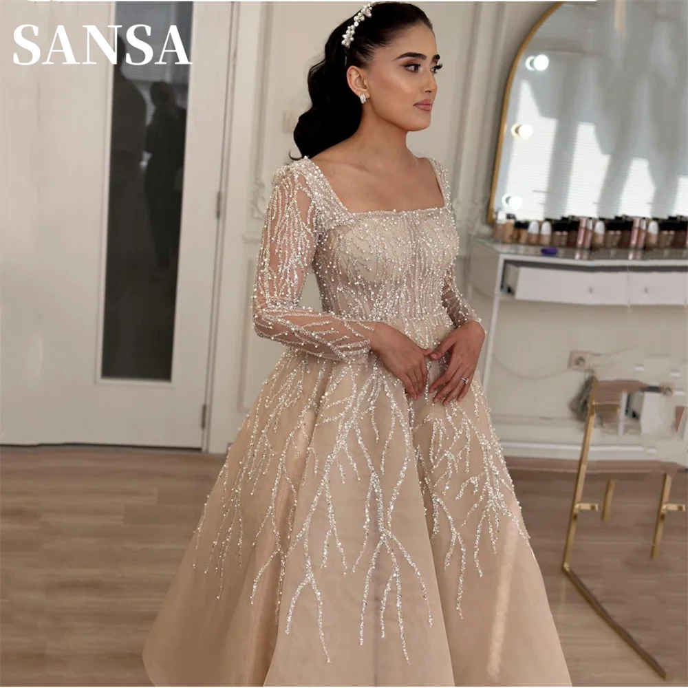 Top Trends: Sansa Gliiter Sequins Long Sleeve فساتين السهرة Champagne Square Neck Ball Gown Prom Dress Exquisite A-line Vestidos De Noche Shoppable Styles