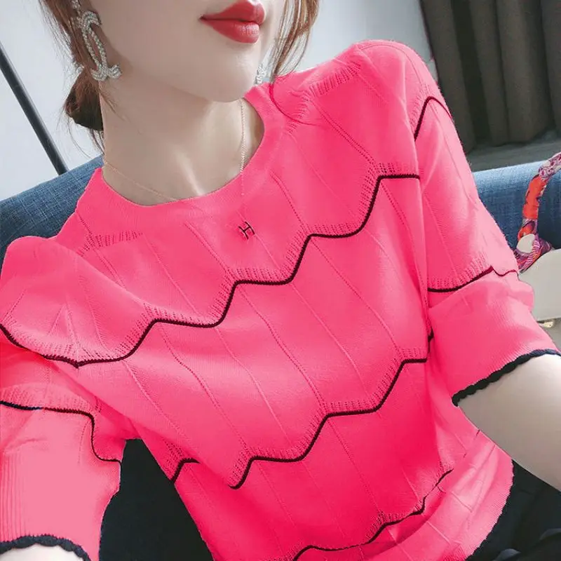 Top Trends: Fashion O-Neck Knitted Spliced Loose Striped Blouse Women's Clothing 2023 Spring New Casual Pullovers Short Sleeve Korean Shirt Shoppable Styles - Image 2