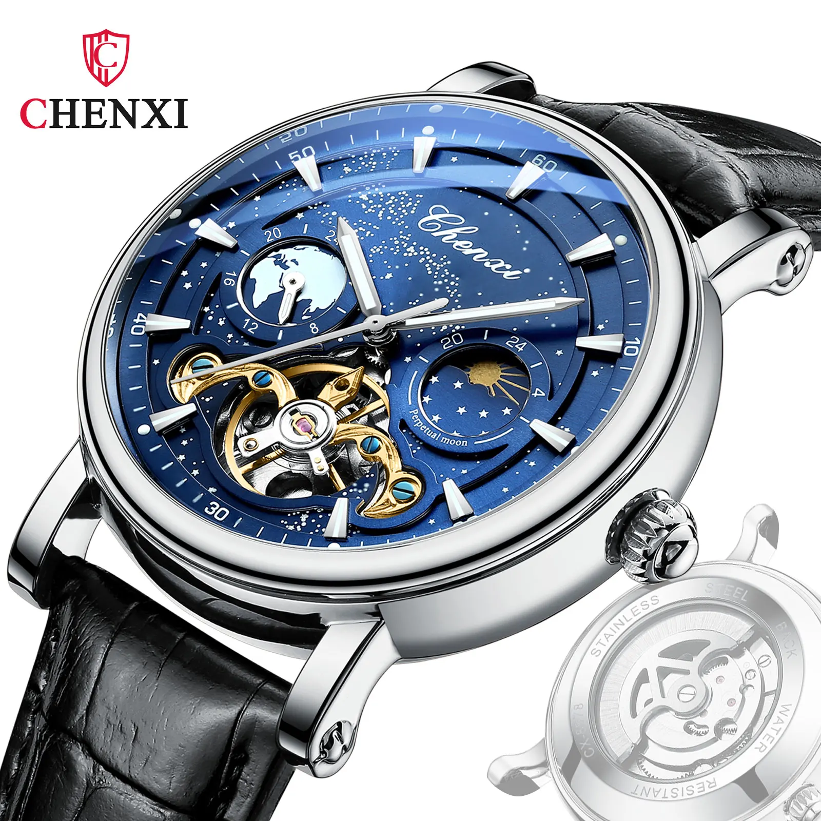 Top Trends: Fashion Leather Strap Mechanical Watches Men Watch Automatic Movement Tourbillon Skeleton Waterproof Watch With 24 Hours Display Shoppable Styles