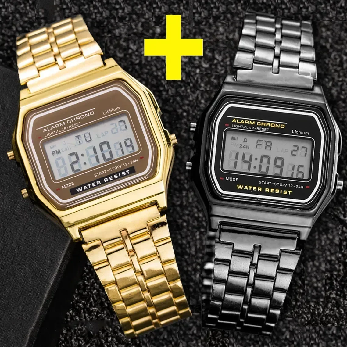 Top Trends: 2Pcs Digital Men's Watches Fashion Gold Luxury Stainless Steel Link Bracelet Wrist Watch Band Business Electronic Male Clock Shoppable Styles