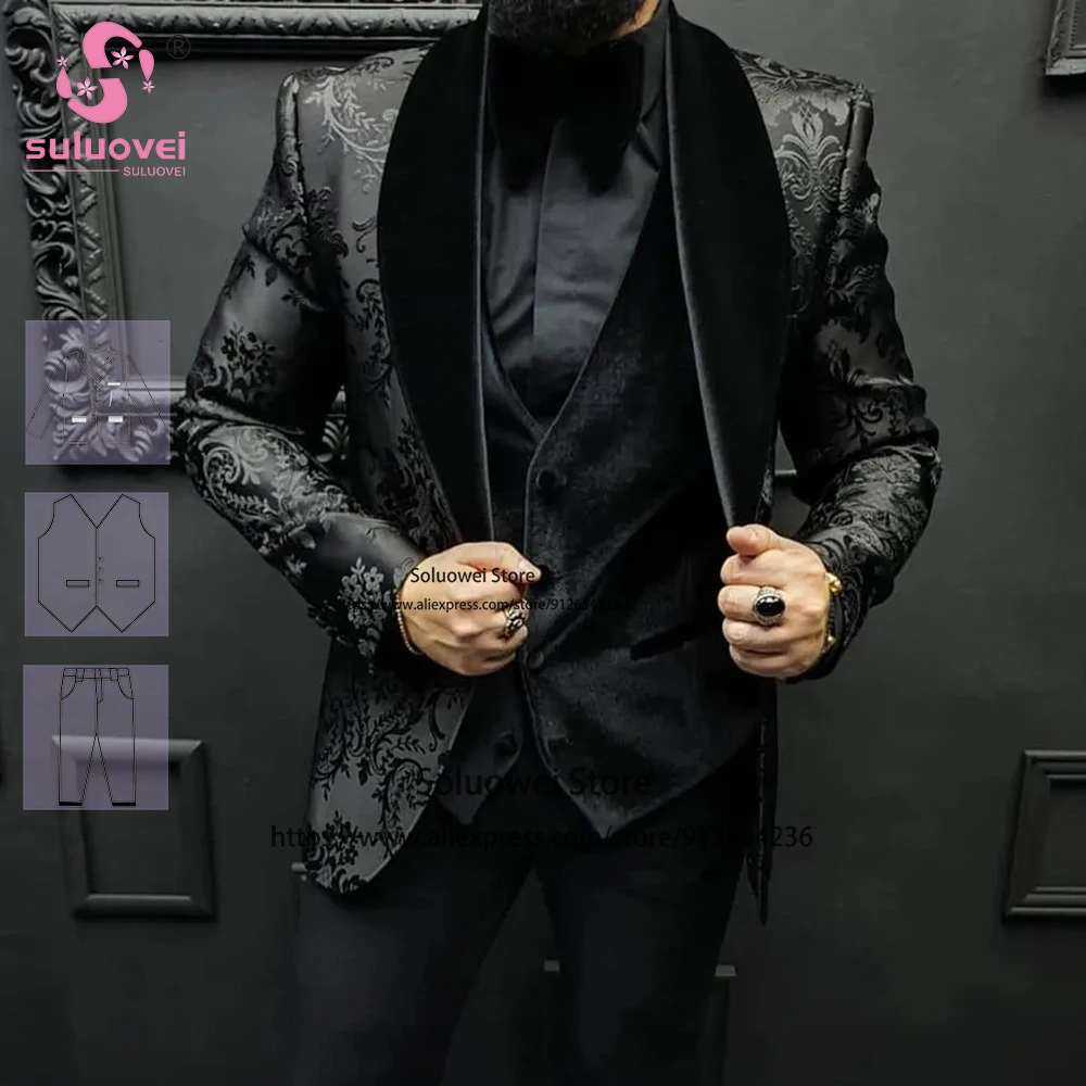 Top Trends: Luxury Black Floral Suits For Men Slim Fit Customized 3 Piece Pants Set Formal Groom Wedding Dinner Prom Tuxedo Blazer Masculino Shoppable Styles