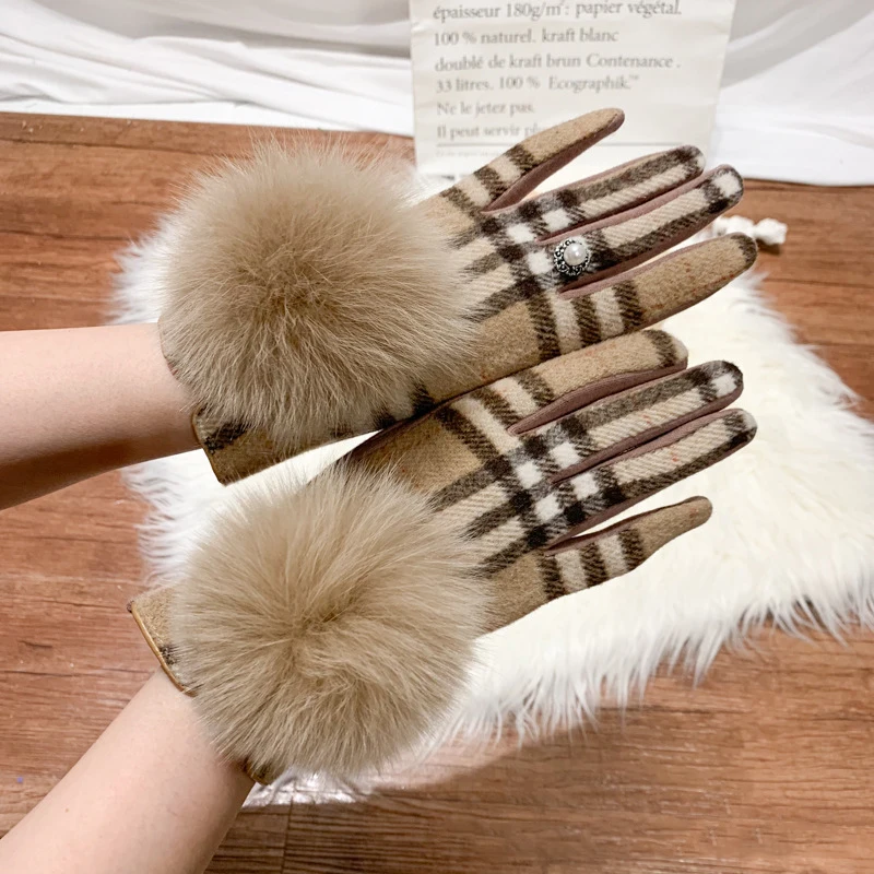 Top Trends: Women's Cashmere Gloves Ladies Touch Screen Furry Fox Fur Ball Plaid Wool Driving Glove Female Mittens Shoppable Styles