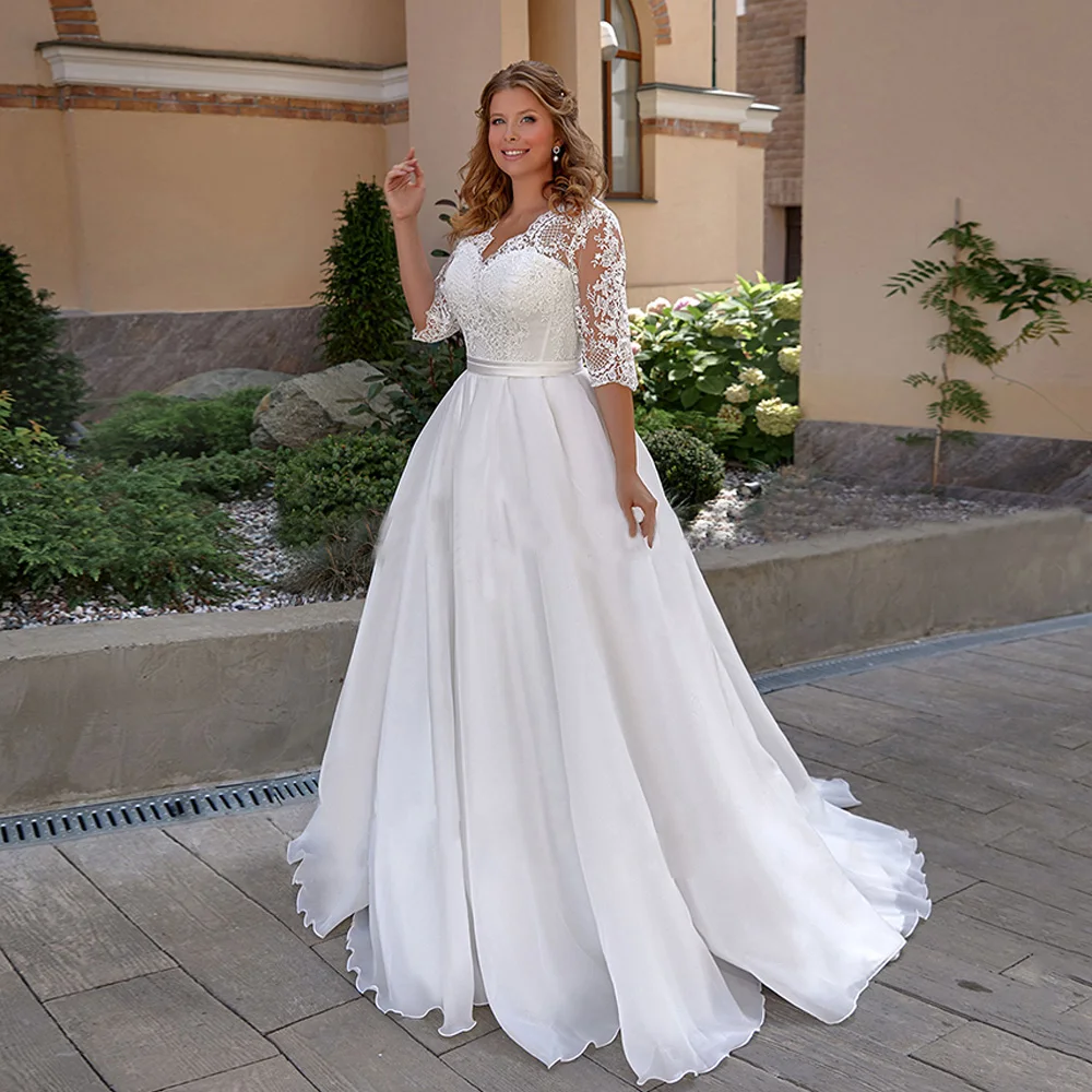 Top Trends: Elegant Plus Size Wedding Dress For Woman Half Sleeves V Neck Applique Sweep Train A Line Lace Up Bridal Gown Robe De Mariee Shoppable Styles