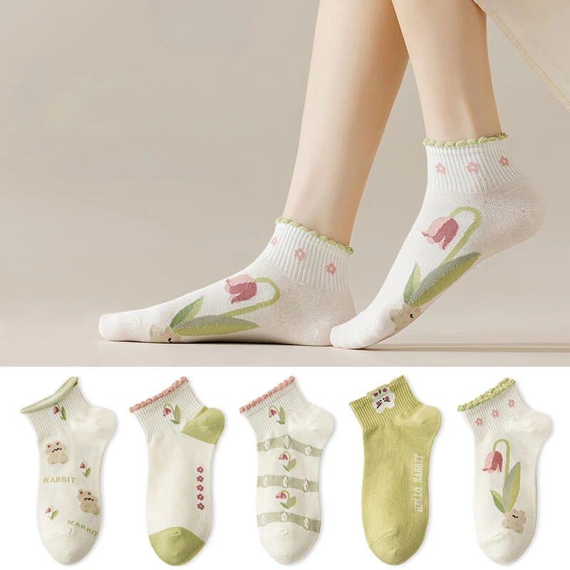 Top Trends: 5Pairs / Lot Cute Women Flower Socks Boat Low Cut Chaussette Femme Cartoon Ankle Lace Short Lace Sock Soft Female Breathable Shoppable Styles