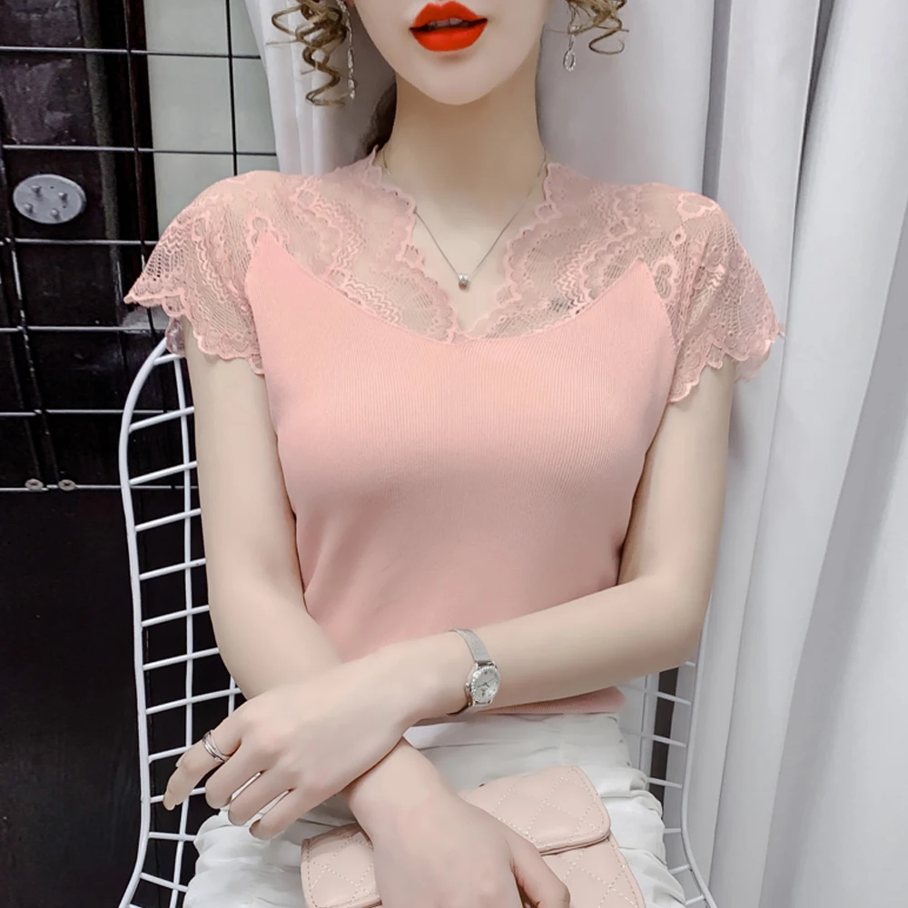 Top Trends: Floral Lace Panel Elastic T Shirt Women Lace Sleeve Vest Cheaper Blouse Fashion Ladies Blouses Tops Black White Pink Female Tee Shoppable Styles