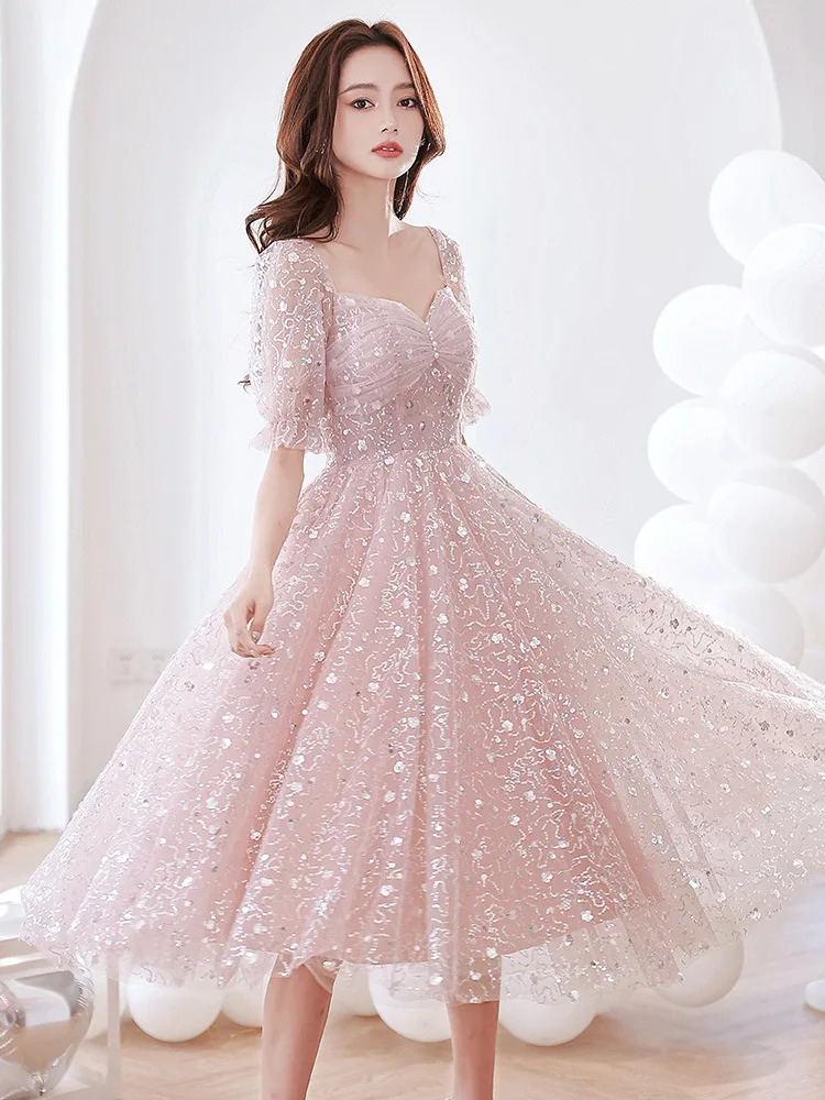 Top Trends: Bling Pink Women's Prom Dress Glitter Sequin Tulle A-Line Birthday Party Dresses Sweet Banquet Mid-Length Princess Gowns Shoppable Styles - Image 5