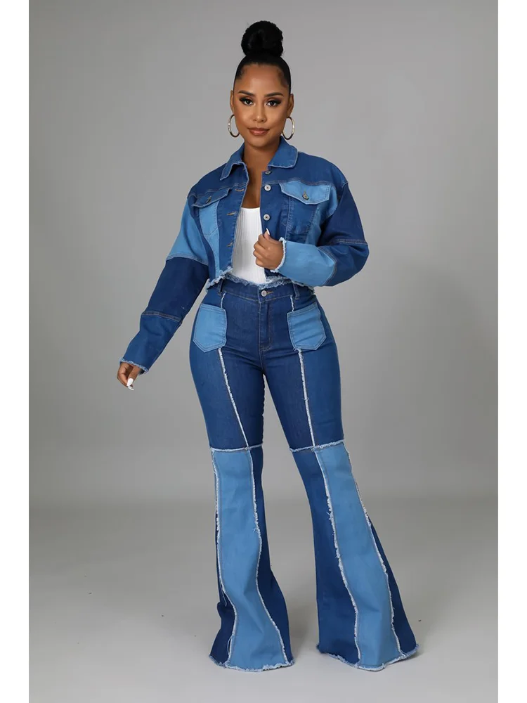 Top Trends: Women Fashion Denim Two Piece Pant Set Splice Vintage Streetwear Y2K Short Denim Jacket And Jeans Casual Slim Outfit 2 Piece Set Shoppable Styles