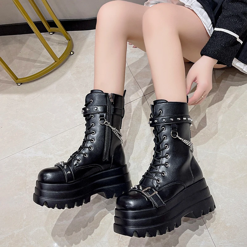 Top Trends: Platform Thick Gothic Boots Lady Buckle Autumn Shoes Women Wedges Knee High Boots Punk Street Cosplay Botas Motorcycle Chain Shoppable Styles