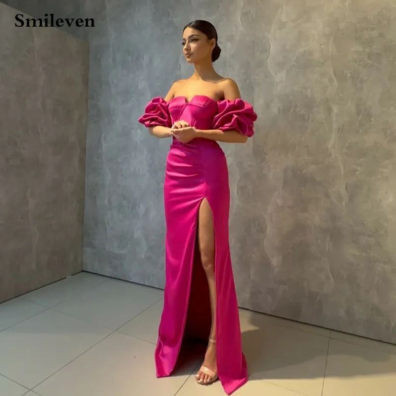 Top Trends: Smileven Hot Pink Sweetheart Neck Evening Dresses Satin Prom Dresses Side Split Arabic Special Occasion Dresses Party Gowns Shoppable Styles