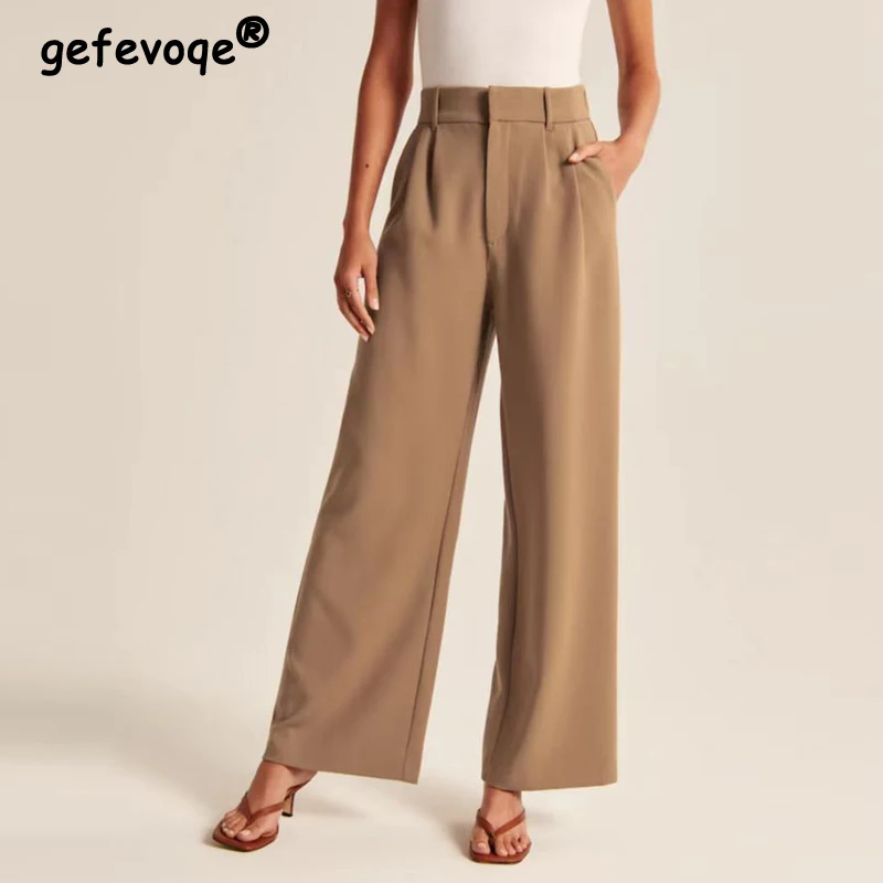 Top Trends: Women Korean Simple Casual High Waist Straight Wide Leg Suit Pants Summer Trendy Solid Loose Patchwork Trousers Female Clothing Shoppable Styles