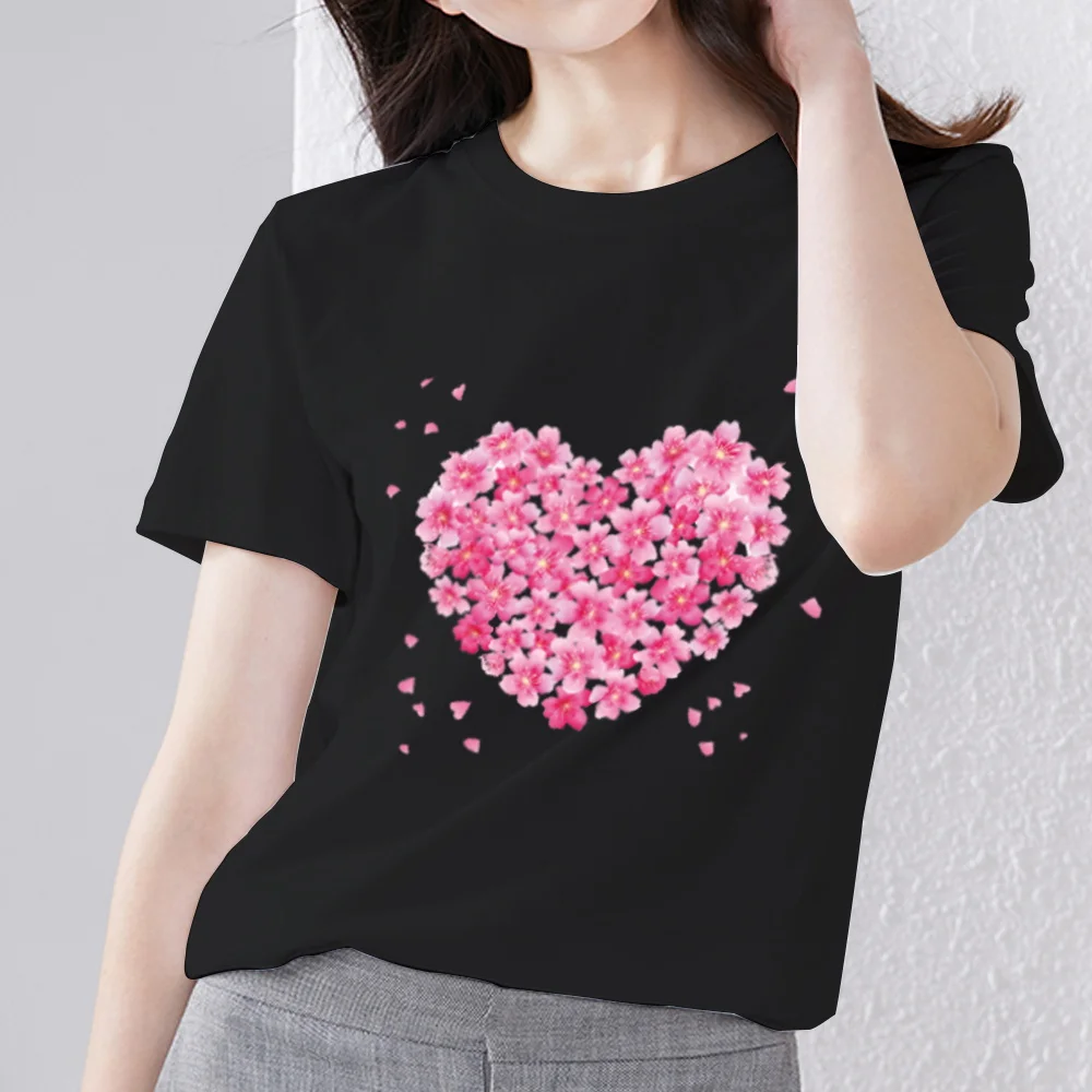 Top Trends: Women's Classic Black T-shirt All-match Short-sleeved Flower Love Series Ladies Trendy Top O-neck Casual T-shirt Commuter Wear Shoppable Styles