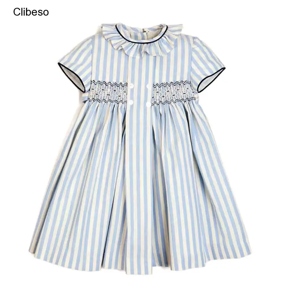 Top Trends: 2024 Kids Spanish Smocked Embrodiery Dresses For Girls Luxury Boutique Dress Girl Hand Made Smocking Blue Stripes Clothes Baby Shoppable Styles