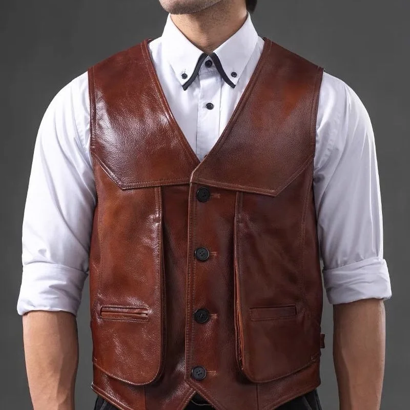 Top Trends: Men&#039;s Genuine Leather Vest Top Layer Cowhide Multiple Pockets Middle-aged And Elderly Slim Plus Size Leather Vest Retro Shoppable Styles