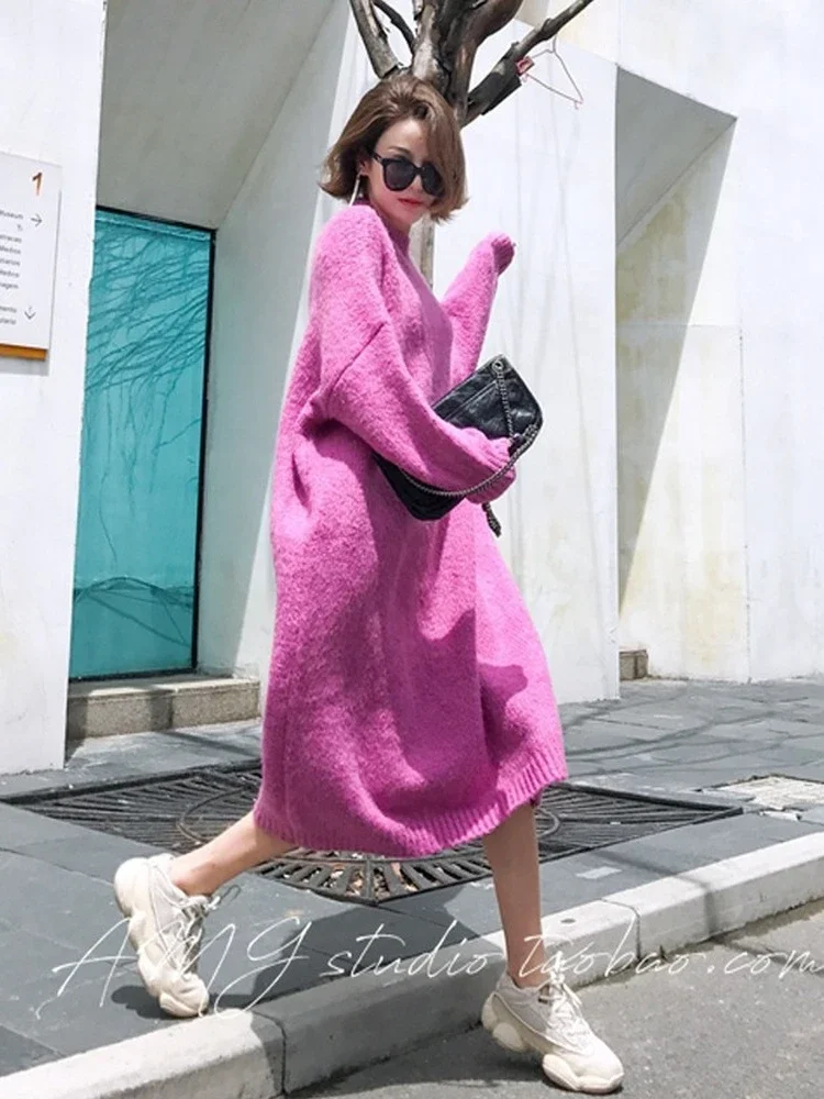 Top Trends: Winter Women Dress Fall Sweater Women Dress Long Sleeve Knitted Dresses Maxi Vintage Oversize Dresses Knitting Thick Warm Purple Shoppable Styles