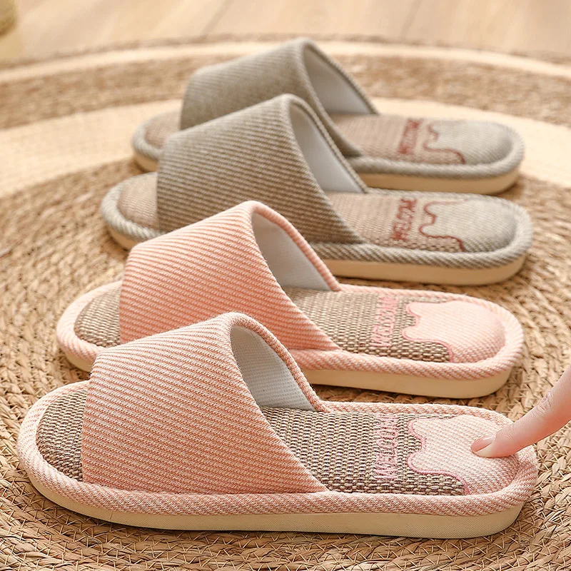 Top Trends: Linen Slippers Indoor Home Breathable Women Men Slides Linen Couples Anti-slip Shoes Beach Sandals Shoes Comfortable Flats Shoppable Styles