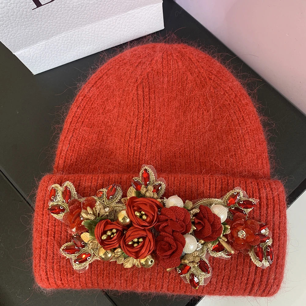 Top Trends: 2023 New Designer Brand Rabbit Fur Knitted Hat With Flower Bouquet Pearls Winter Hats Lady Soft Warm Wool Skullies Beanies Shoppable Styles