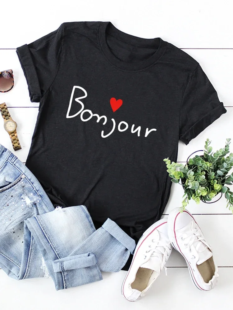 Top Trends: Bonjour Heart Print Women T Shirt Short Sleeve O Neck Loose Women Tshirt Ladies Tee Shirt Tops Clothes Camisetas Mujer Shoppable Styles