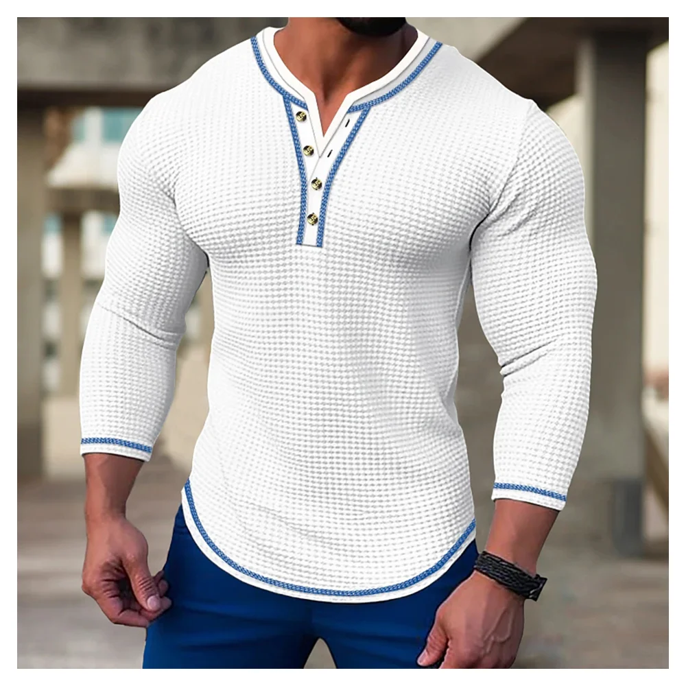 Top Trends: New Men's Waffle Solid Color T-shirt Long Sleeve V-cardigan Henry Neck Tee Tops Spring Autumn Casual Comfort Elastic Shirt Shoppable Styles - Image 4