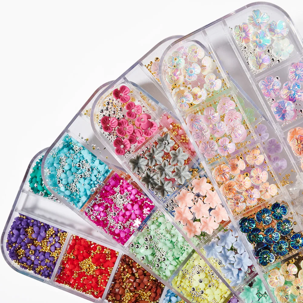 Top Trends: 12 Grids Acrylic Flower Mixed Steel Beads 3D Flower Nail Art Decoration Gems Charms DIY Nail Jewelry For Professional Accessorie Shoppable Styles