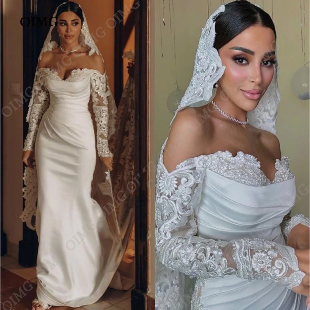 Top Trends: OIMG Off Shoulder Lace Sexy Wedding Gowns Plus Size Custom Made Straight Long Sleeves Satin Queen Bride Bridal Dress Gown Shoppable Styles