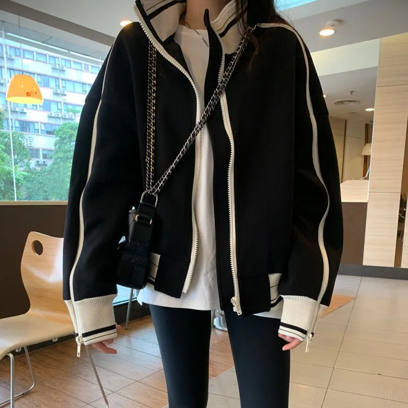 Top Trends: Baseball Black Women Jackets Korean Fashion Oversized Casual Harajuku Zipper Thin Fleece Coat Female Outerwear Crop Street Style Shoppable Styles