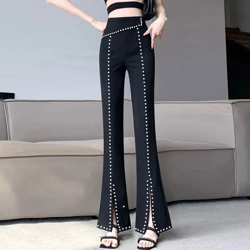 Top Trends: Korean Fashion Women Black Flare Pants Spring Autumn New Slim High Waist Streetwear Casual Split All-match Y2K Diamond Trousers Shoppable Styles