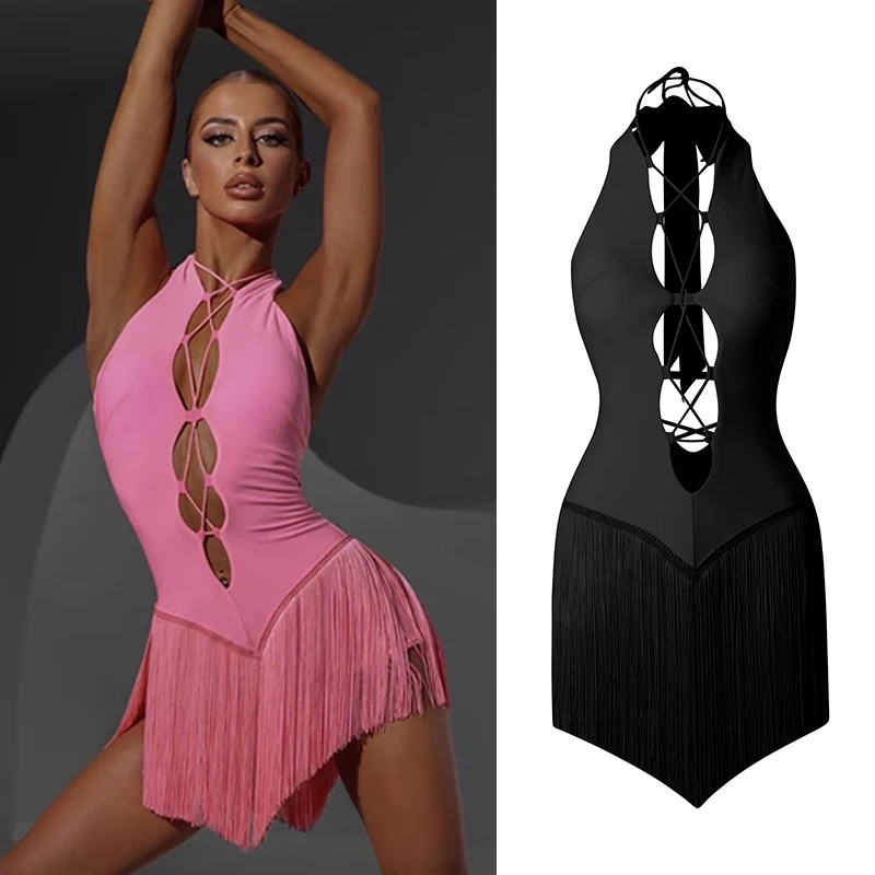 Top Trends: Sexy Hollow Out Latin Dance Dress Women Pink Black Fringe Dress Adult Practice Clothing Cha Cha Dance Costume Competition Dress Shoppable Styles