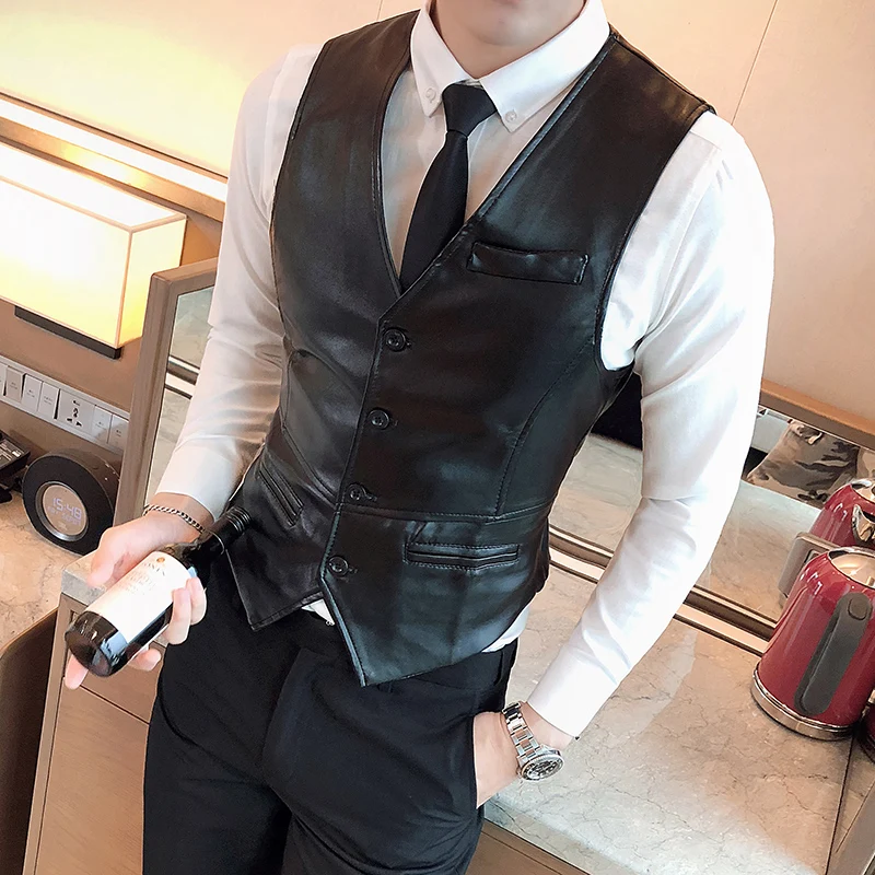 Top Trends: 2022 Leather Vest Men New Fashion Casual High Quality Solid Color Single Breasted Slim Large Size Business Vest Waistcoat S-5XL Shoppable Styles