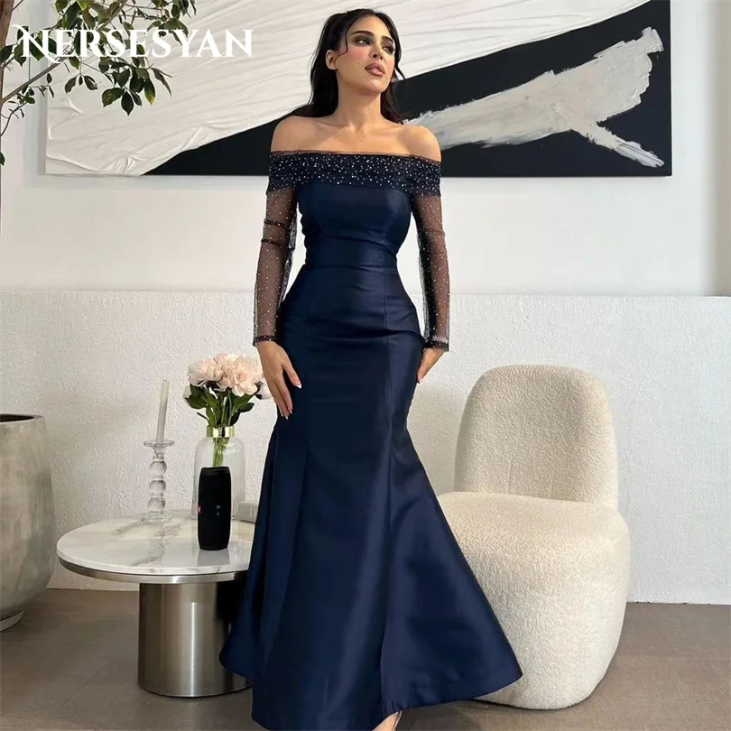 Top Trends: Nersesyan Mermaid Navy Blue Satin Formal Evening Dresses Off The Shoulder Glitter Long Sleeves Party Gowns Pleats Prom Dress Shoppable Styles