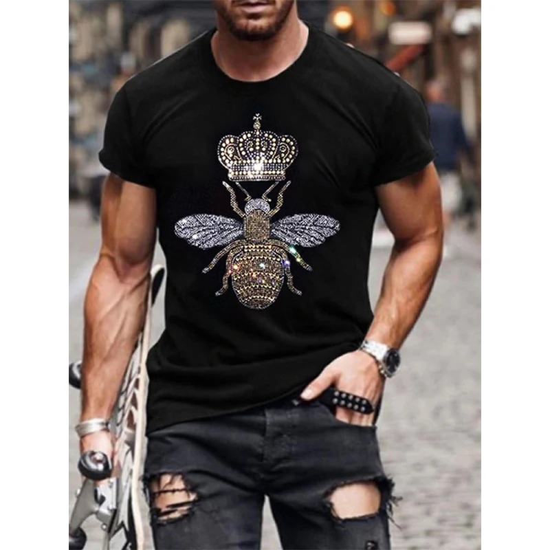 Top Trends: Mens Quality Fashion T-Shirts Summer Casual Street Short Sleeve Honeybee Hot Drill Men Clothes Tee Tops O-Neck Rhinestone Tshirt Shoppable Styles