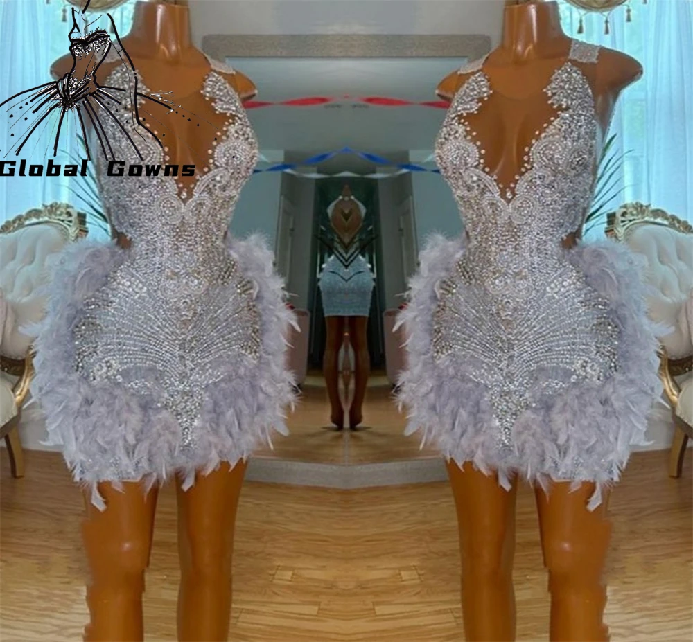 Top Trends: Sexy Silver Sequined O Neck Short Prom Dress For Black Girls 2023 Beaded Crystal Feathers Birthday Party Dresses Mini Cocktail Shoppable Styles