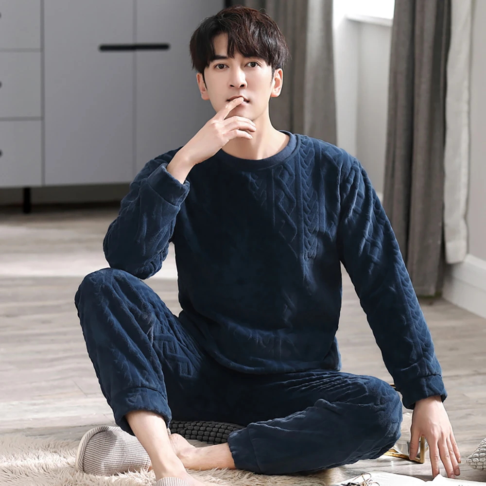 Top Trends: 4XL Men's Winter Big Size Pajamas Set Thicken Double-sided Coral Fleece Pajama Man Casual Solid Sleepwear Soft Warm Pyjama Homme Shoppable Styles