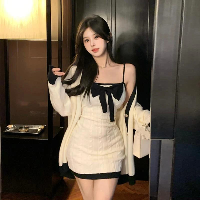 Top Trends: Sweet Bow Design Knitted Two Piece Set Dress Women 2023 Winter New Long Sleeve Sweater Korean Style Sexy Club Party Dresses Suit Shoppable Styles