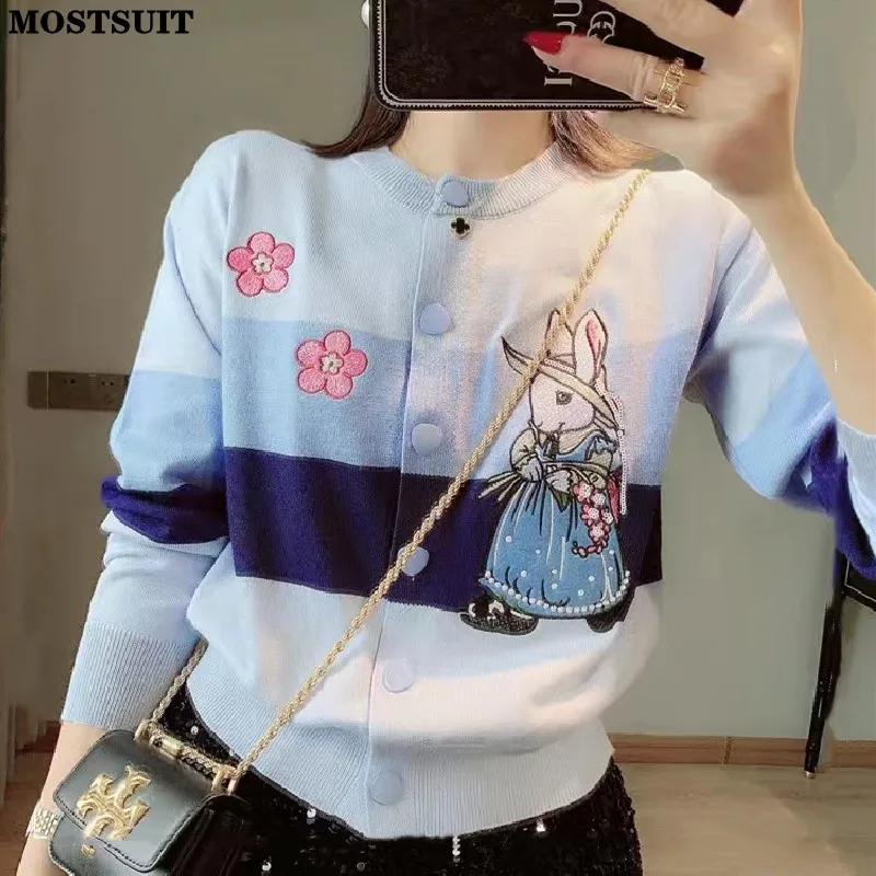 Top Trends: Blue Cartoon Embroidered Sweater Cardigan Women Sweet Fashion Loose Ladies Knitwear Long Sleeve Single-breasted Jumpers Tops Shoppable Styles