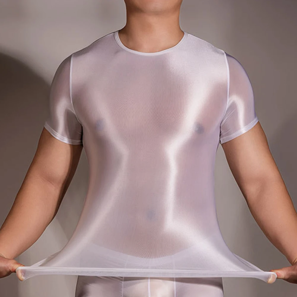 Top Trends: Men Oil Shiny Short Sleeve T-Shirt Night Club Wear Sexy See Through Tops Male Transparent Yoga Sportwear Tight Tee Shirt Shoppable Styles