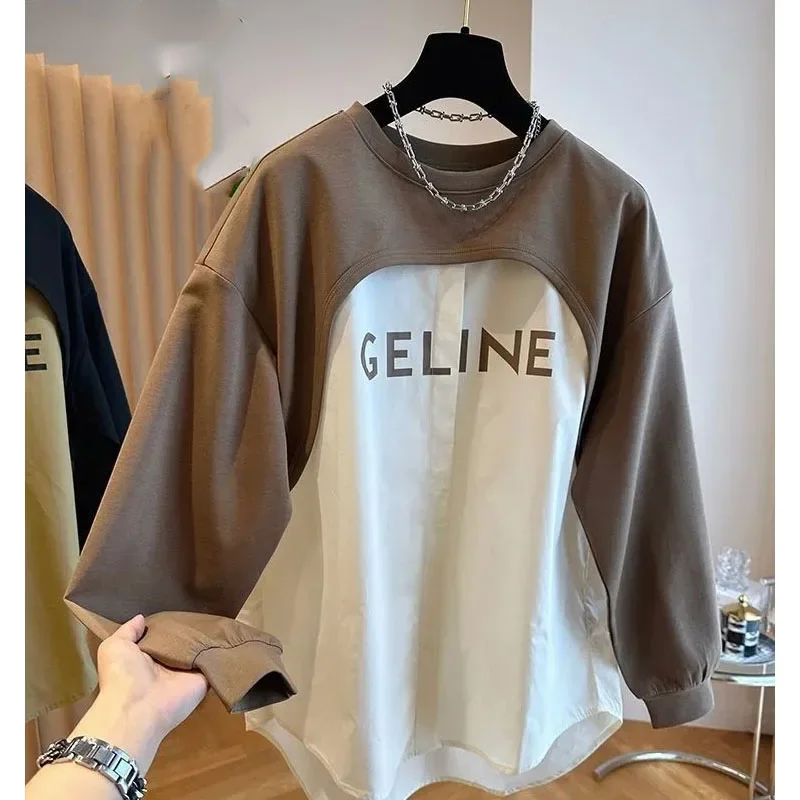 Top Trends: New Autumn Fashion Korean Edition Spliced Shirt Fake Two Piece Round Neck Loose Versatile Western Style Slim Women's Sweater Shoppable Styles