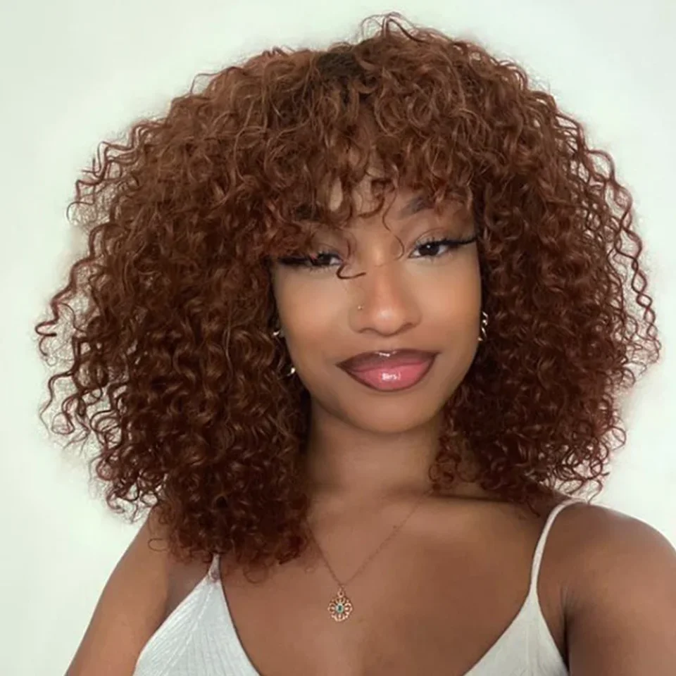 Top Trends: Jerry Curly Human Hair Wigs With Bangs Full Machine Made Wigs Highlight Honey Blonde Colored Wigs For Women Peruvian Remy Hair Shoppable Styles