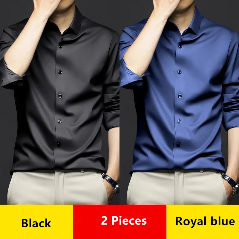 Top Trends: Luxury Men's Social Dress Shirts Spring Autumn Smooth Soft Wrinkle-resistant Non-iron Solid Color Casual Ice Silk Stain Wedding Shoppable Styles