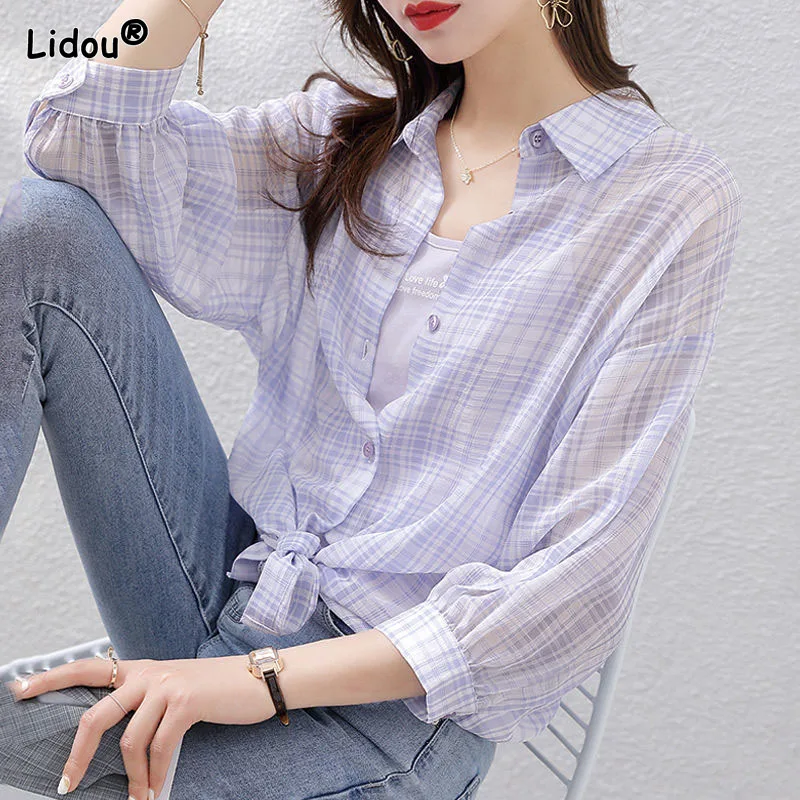 Top Trends: Fashion Woman Blouses 2022 Thin Chiffon Women's Clothing Polo-Neck Plaid Single Breasted Sexy Women Shirt Spring Autumn Trend Shoppable Styles