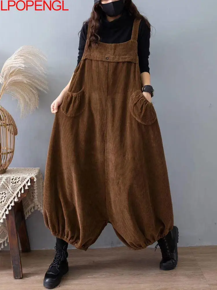 Top Trends: Autumn And Winter New Solid Color Corduroy Oversized Overalls Women's Loose Casual Bloomer Wide Leg Pants One-piece Pants Trend Shoppable Styles - Image 3